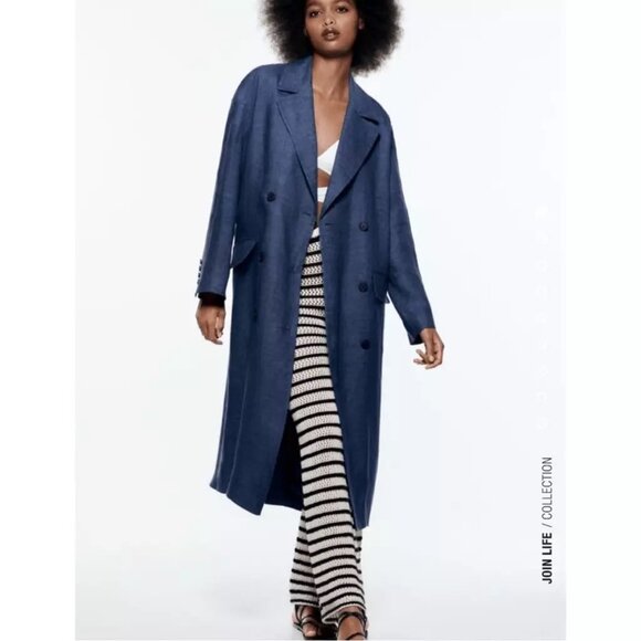 Zara Indigo Linen Trench Coat Duster size Small - Picture 3 of 10